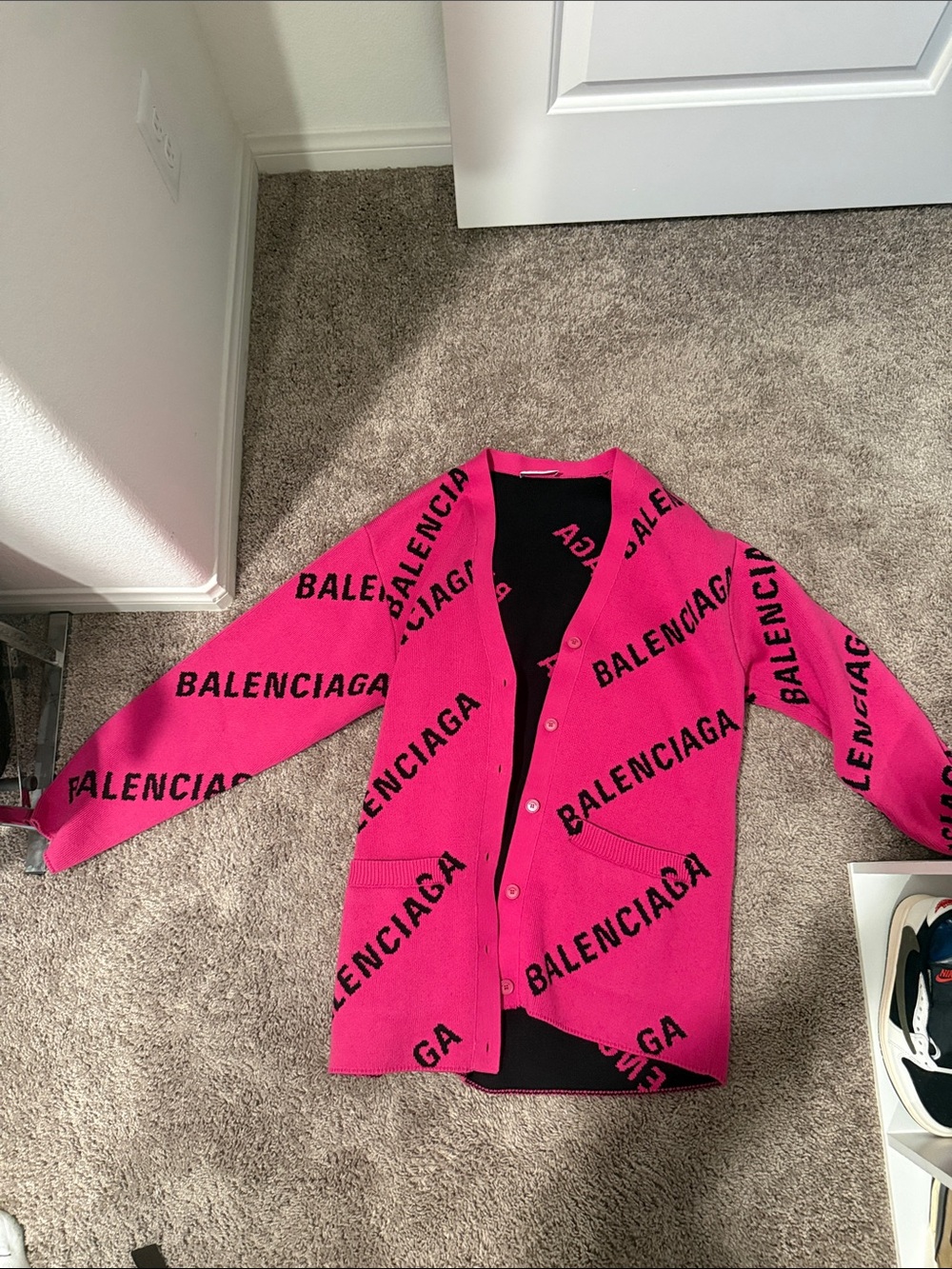 Balenciaga Hot Pink Logo Knit Cardigan